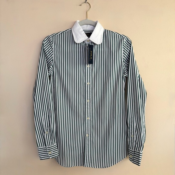 Polo Ralph Lauren Women's Custom Fit Striped Button-Down Shirt In Green/White - Picture 1 of 8